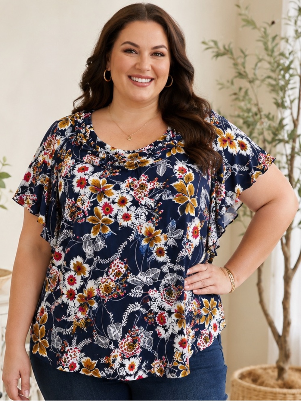 Cato Woman 22/24W Navy Floral Boho Flutter Sleeve Braid Neckline Top Cottagecore